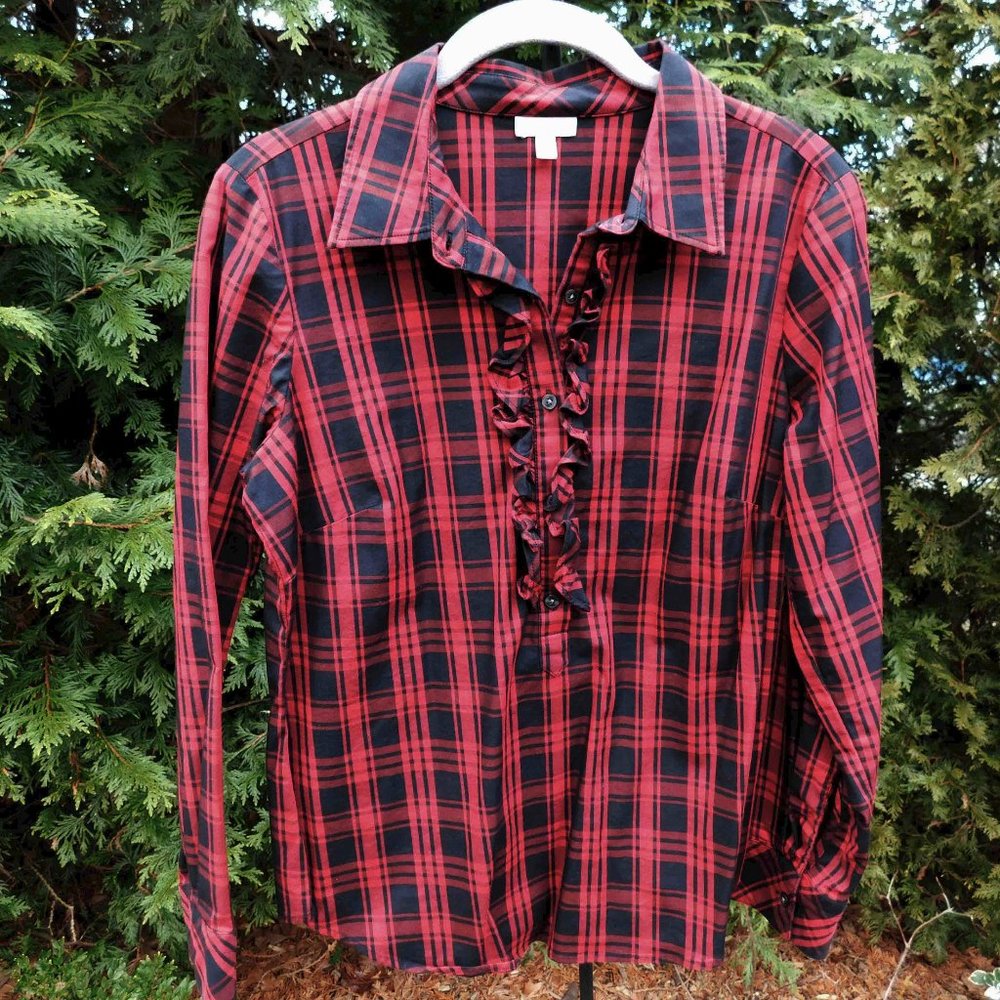Talbots Petites Red/Black Plaid Ruffled Popover Top